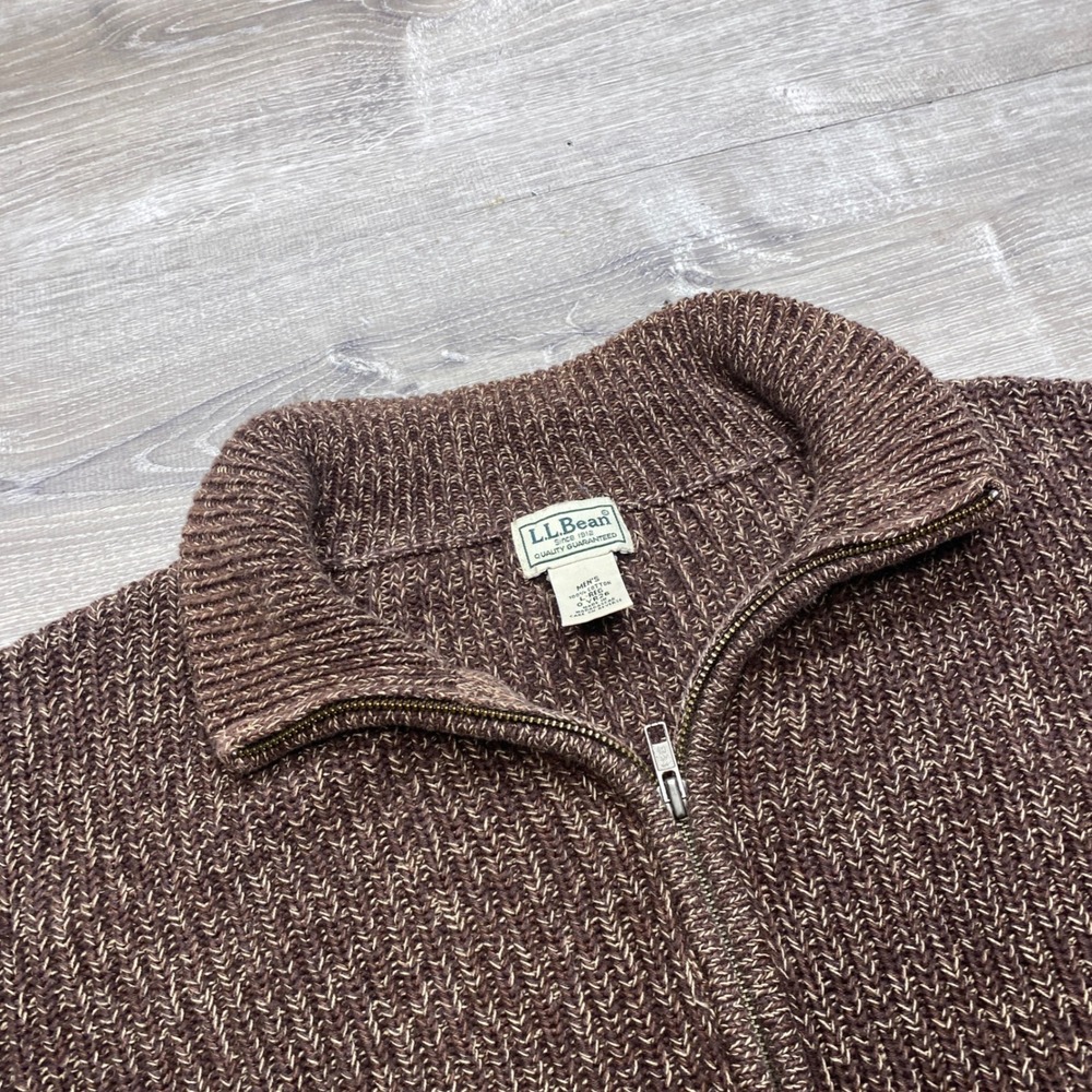 LL Bean Full Zip Sweater Mens L Brown Marled Cotton Ribbed Knit Cardigan Outdoor - Picture 3 of 8